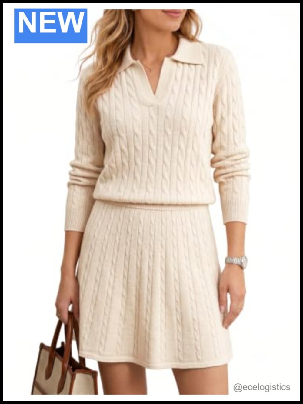 Women's 2 Piece Skirt Set Cable Knit Mini Sweater Set Polo V Neck Long Sleeve